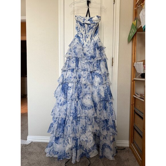 NEW Sherri Hill Prom Dress Gown 57250 Blue Floral Peekaboo Corset Ruffle Size 0 - Picture 1 of 11